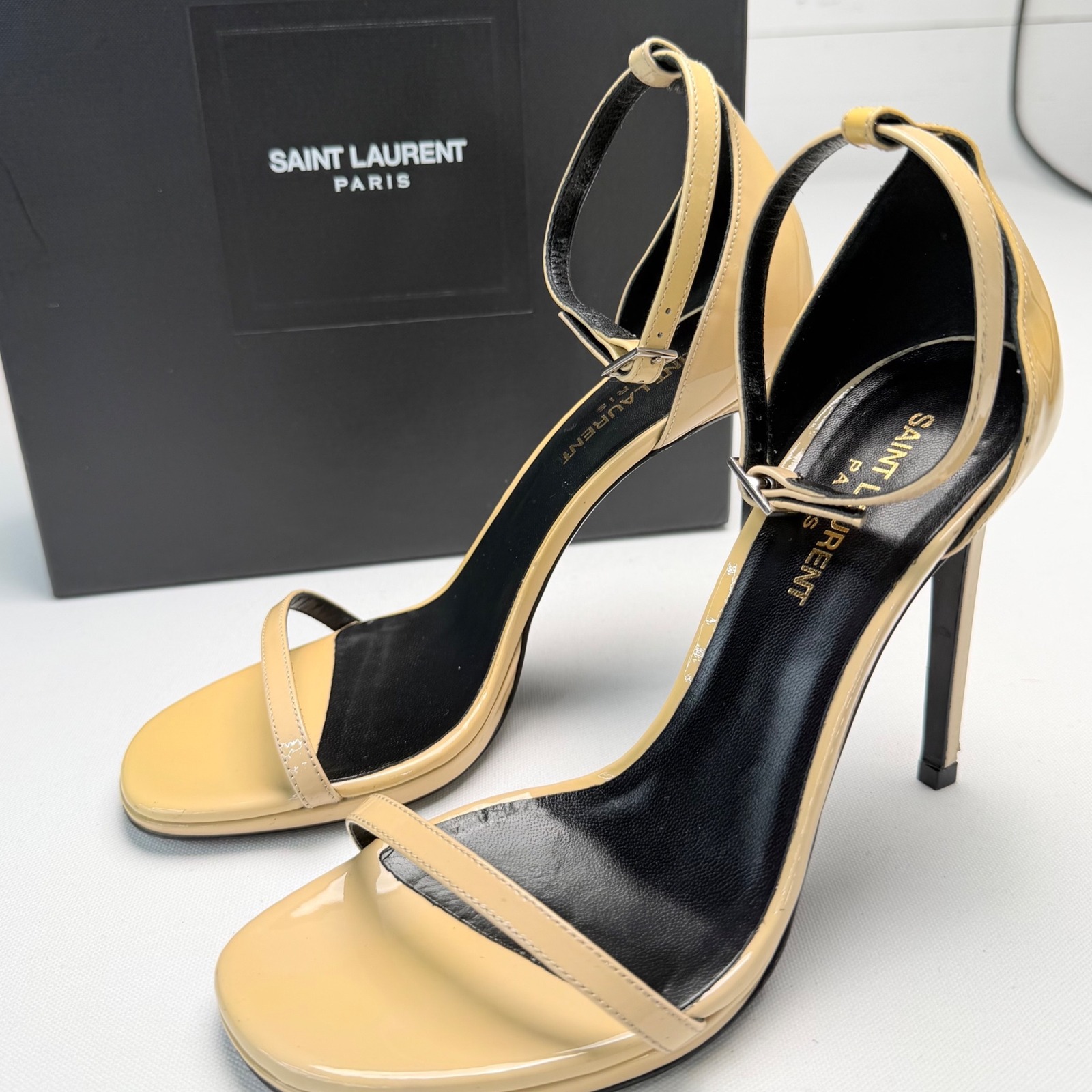 Saint Laurent Jane Nude Powder Patent Leather Ankle Strap Heels Women Sandal 37